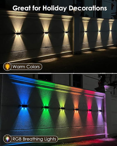 Solar Fence Lights,Solar Powered Warm White & RGB, Up & Down Solar Wall Lights