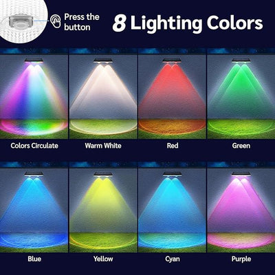 Solar Fence Lights Outdoor Warm White & RGB Changing Solar Deck Lights, LED Solar Lights for Outside Wall Railing Patio Stair Step Yard Backyard