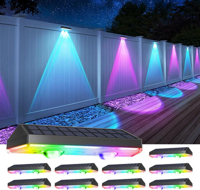 Solar Fence Lights Outdoor Warm White & RGB Changing Solar Deck Lights, LED Solar Lights for Outside Wall Railing Patio Stair Step Yard Backyard